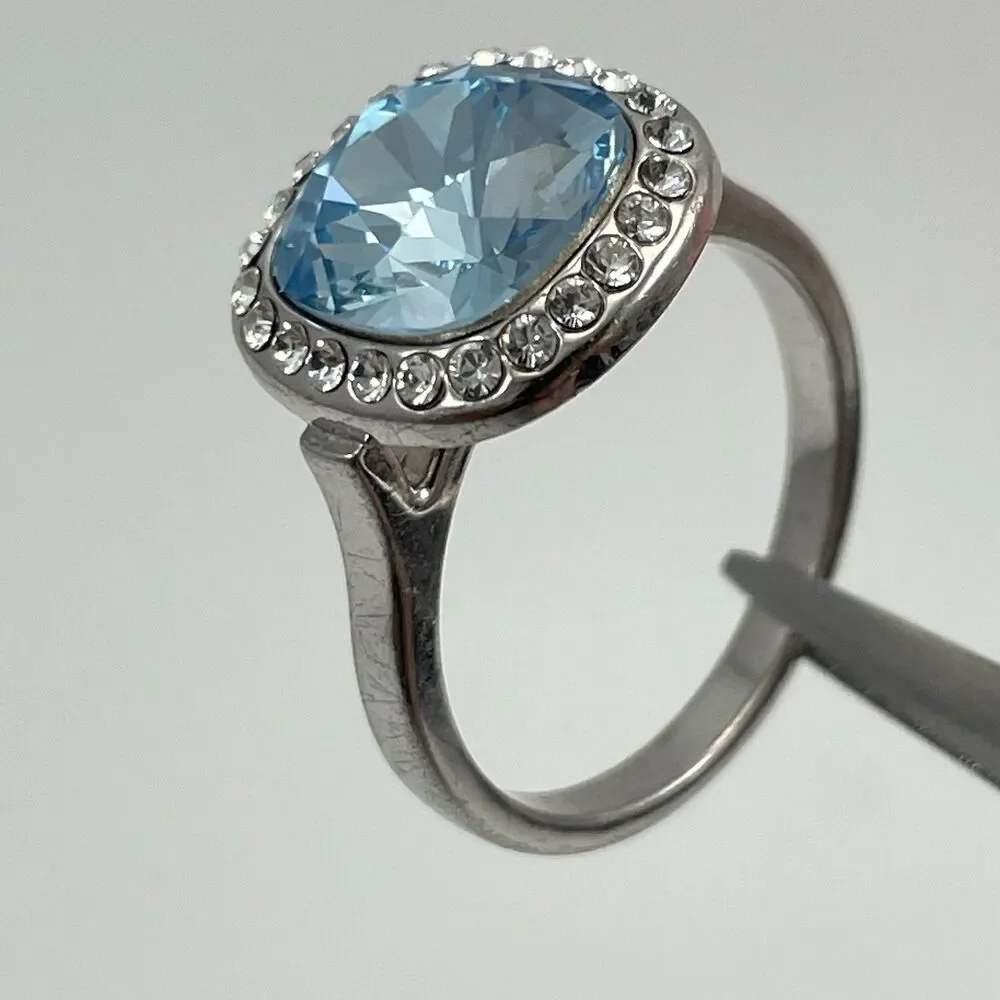 Silver Tone Blue Cushion Cut Glass Halo Statement Cocktail Ring Sz 8 Boho Cute